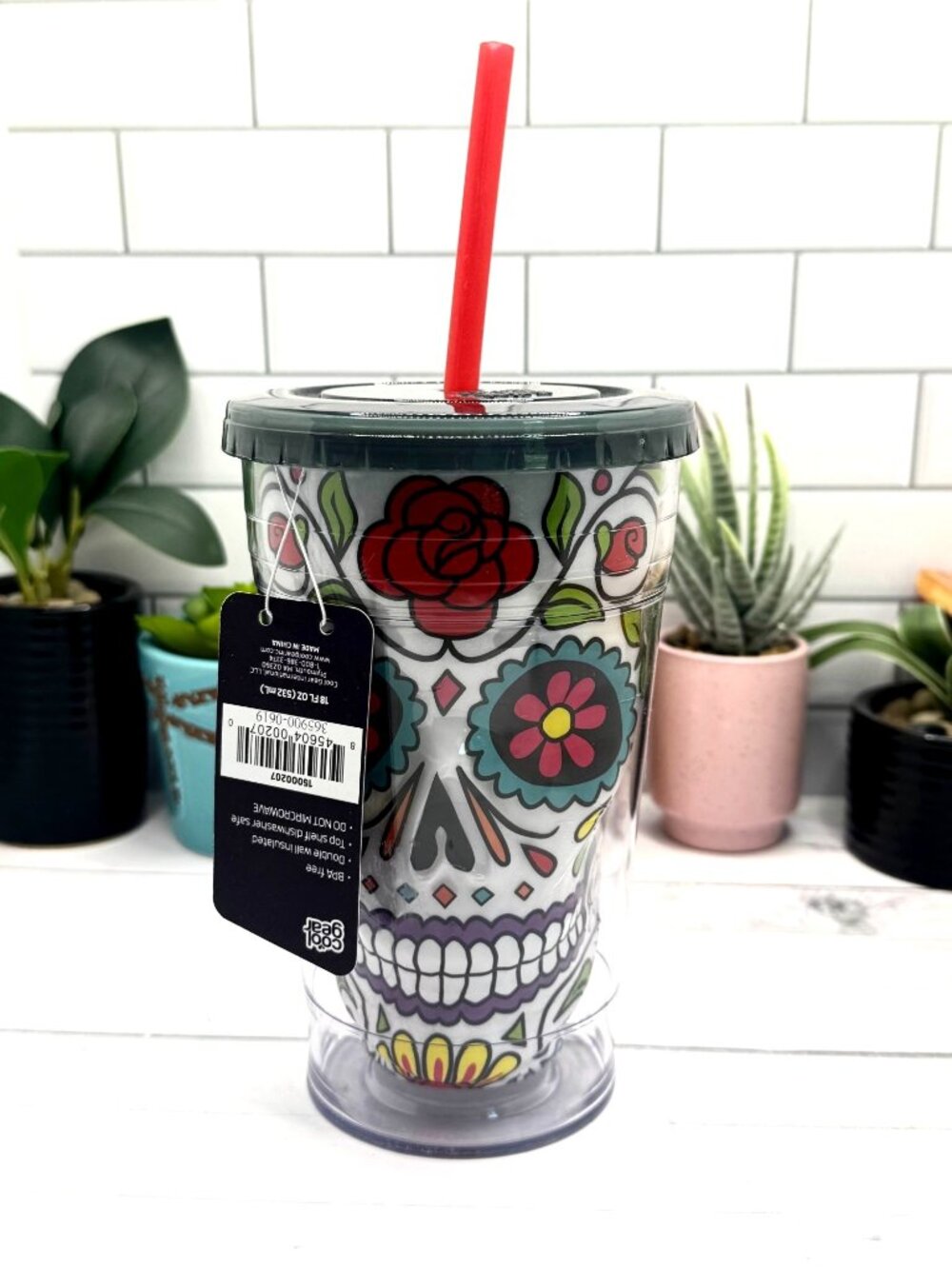 Cool Gear Double Wall Insulated Sugar Skull Tumbler With Straw 18 Oz